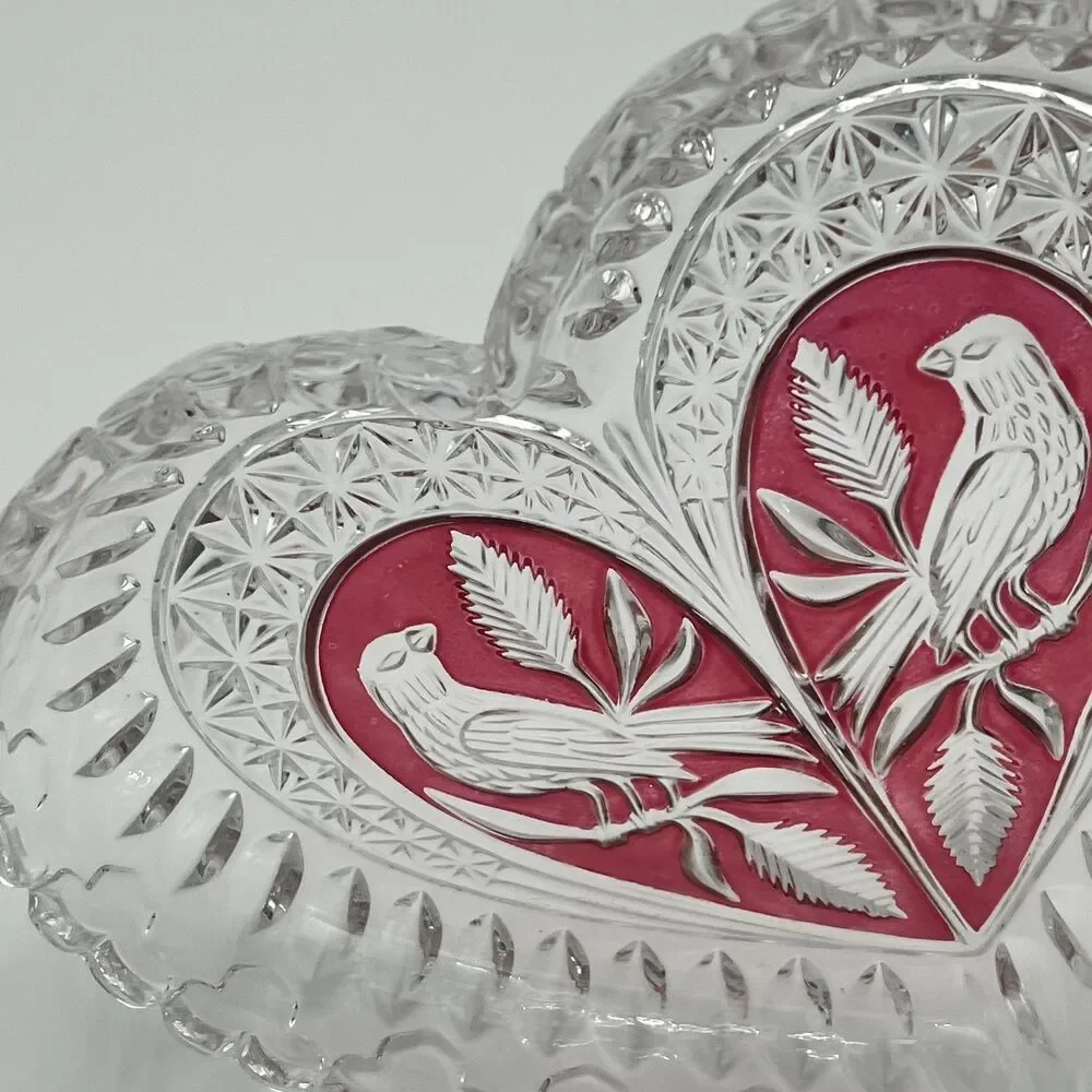 Rare Vintage Hofbauer Ruby‎ Crystal Heart Bird Dish